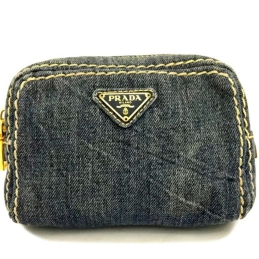 PRADA LOGO PLATE DENIM COSMETIC POUCH BAG BLUE - Picture 10 of 12